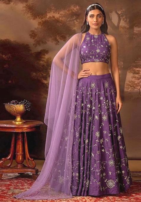 Violet Embroidered Silk Lehenga Set