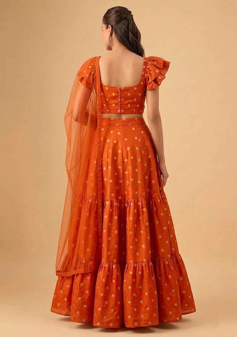 Orange Zari Crepe Lehenga Set - Indya