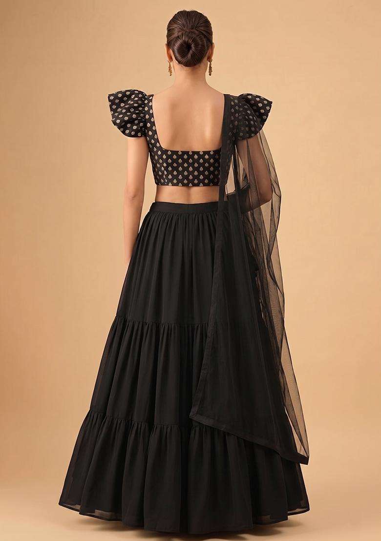 Jet Black Embroidered Chanderi Lehenga Set - Indya