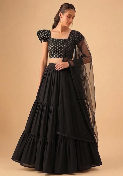 Jet Black Embroidered Chanderi Lehenga Set
