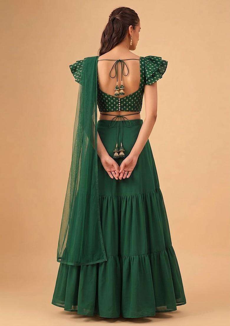 Emerald Green Embroidered Chanderi Lehenga Set - Indya
