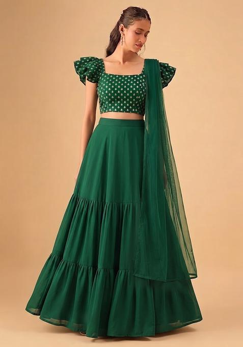 Emerald Green Embroidered Chanderi Lehenga Set