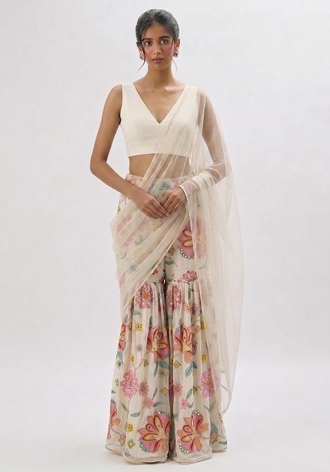 Ivory White Printed Chinon Fusion Set
