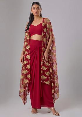 Crimson Red Embroidered Net Fusion Set
