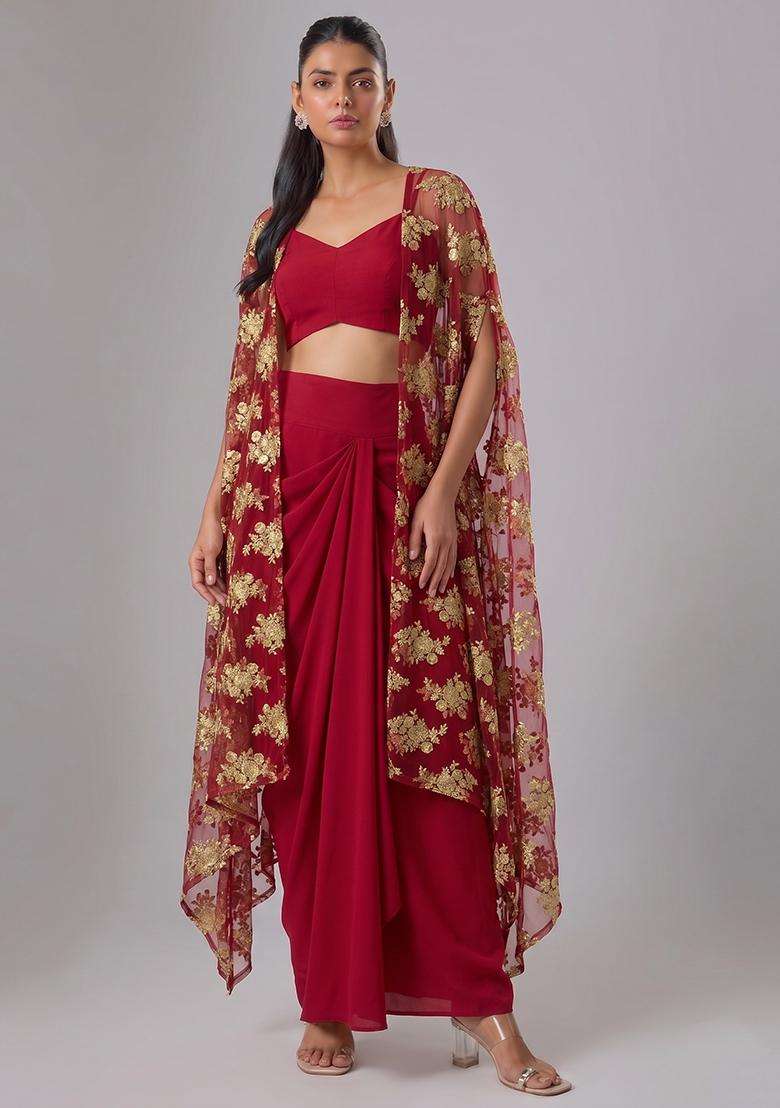 Crimson Red Embroidered Net Fusion Set - Indya