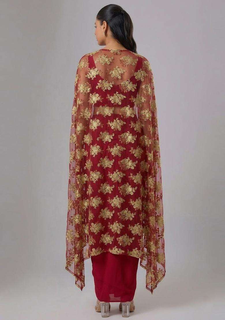 Crimson Red Embroidered Net Fusion Set - Indya