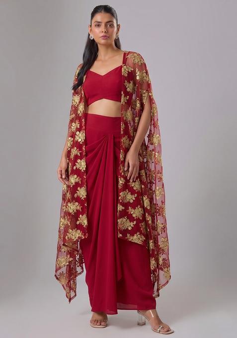 Crimson Red Embroidered Net Fusion Set