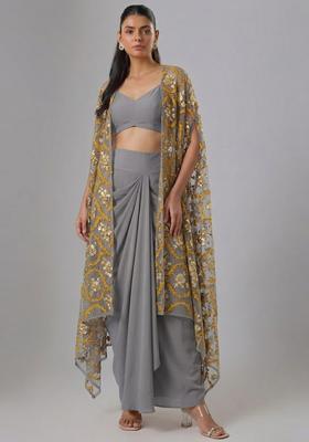 Steel Grey Embroidered Net Fusion Set