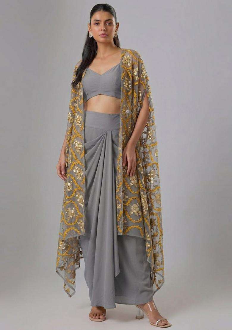 Steel Grey Embroidered Net Fusion Set - Indya