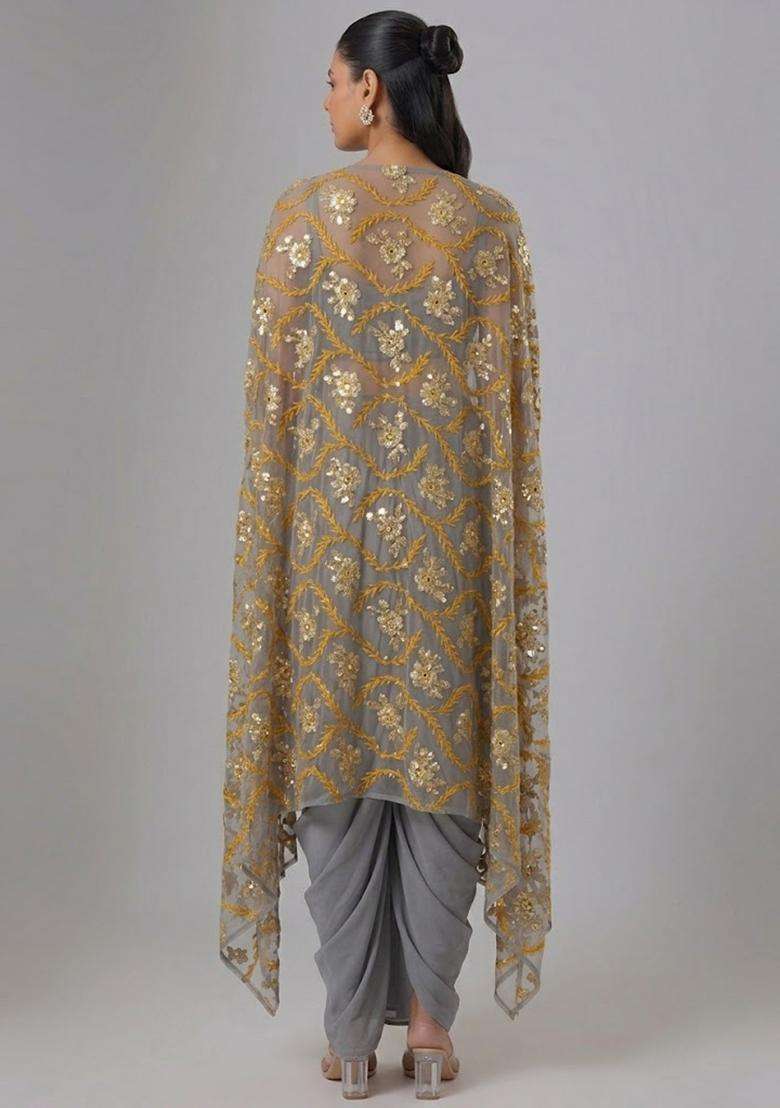 Steel Grey Embroidered Net Fusion Set - Indya