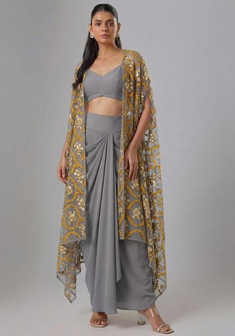Steel Grey Embroidered Net Fusion Set