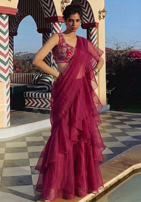 Rani Pink Printed Crepe Pre Draped Saree Set