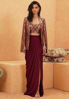 Maroon Brocade Fusion Set