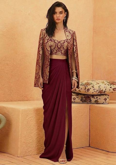 Maroon Brocade Fusion Set