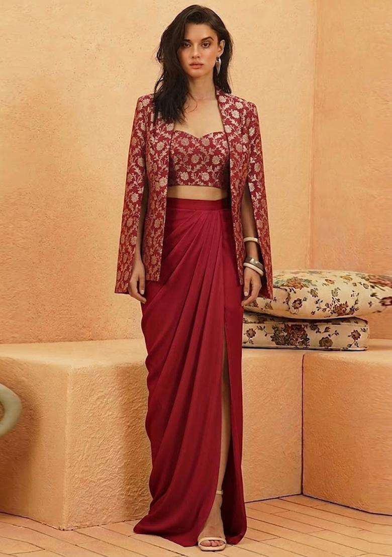Red Brocade Fusion Set - Indya