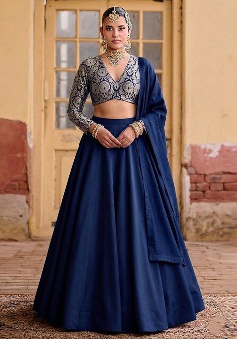 Navy Blue Embroidered Silk Lehenga Set