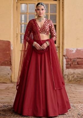 Crimson Red Brocade Lehenga Set