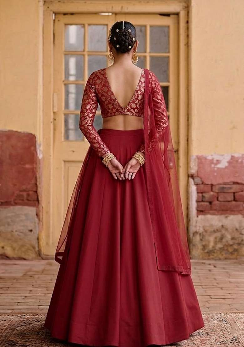 Crimson Red Brocade Lehenga Set - Indya