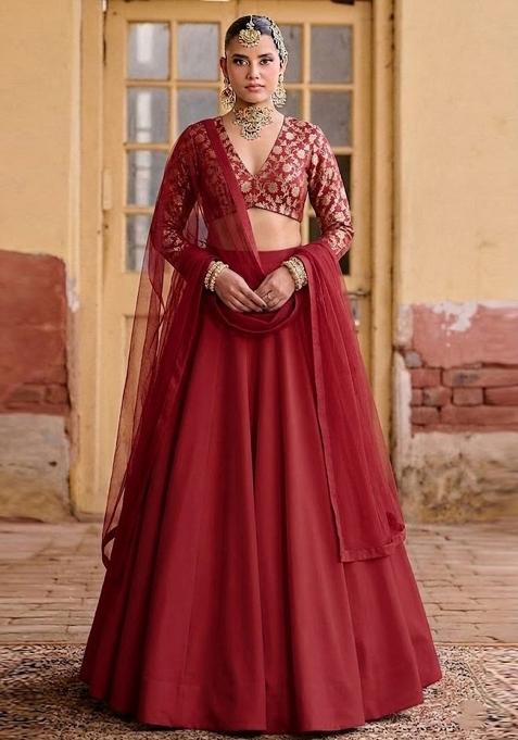 Crimson Red Brocade Lehenga Set