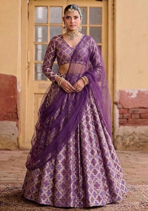 Purple Zari Silk Lehenga Set