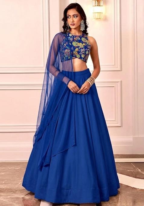 Royal Blue Printed Crepe Lehenga Set