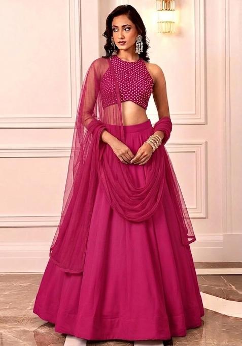 Magenta Pink Printed Crepe Lehenga Set