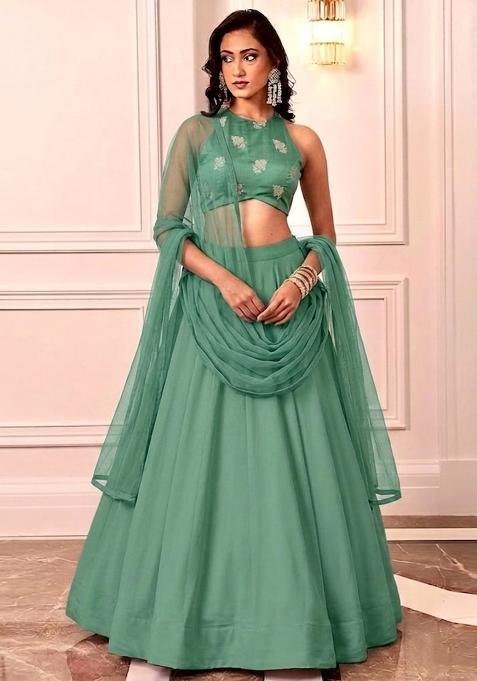 Mint Green Embroidered Silk Lehenga Set