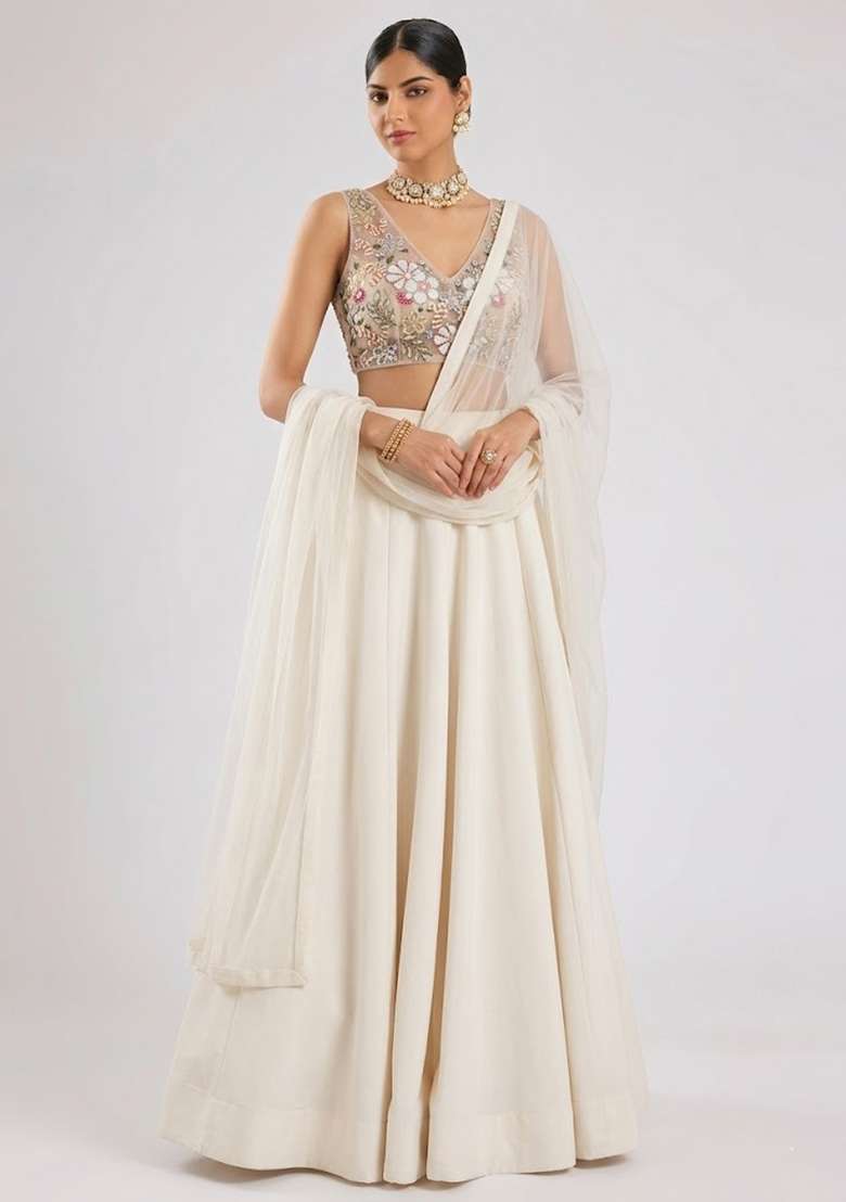 Ivory Embroidered Net Lehenga Set - Indya