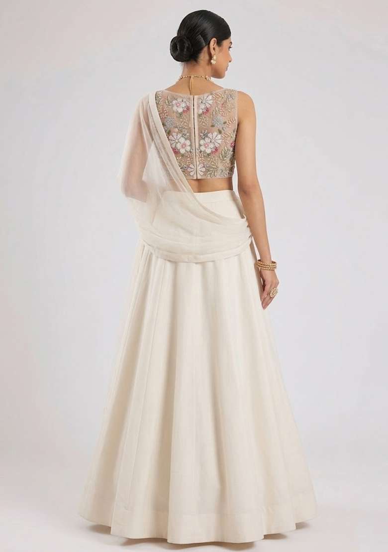 Ivory Embroidered Net Lehenga Set - Indya