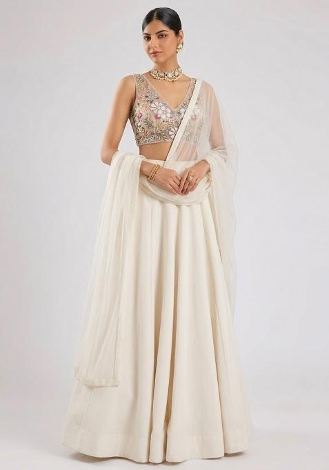 Ivory Embroidered Net Lehenga Set