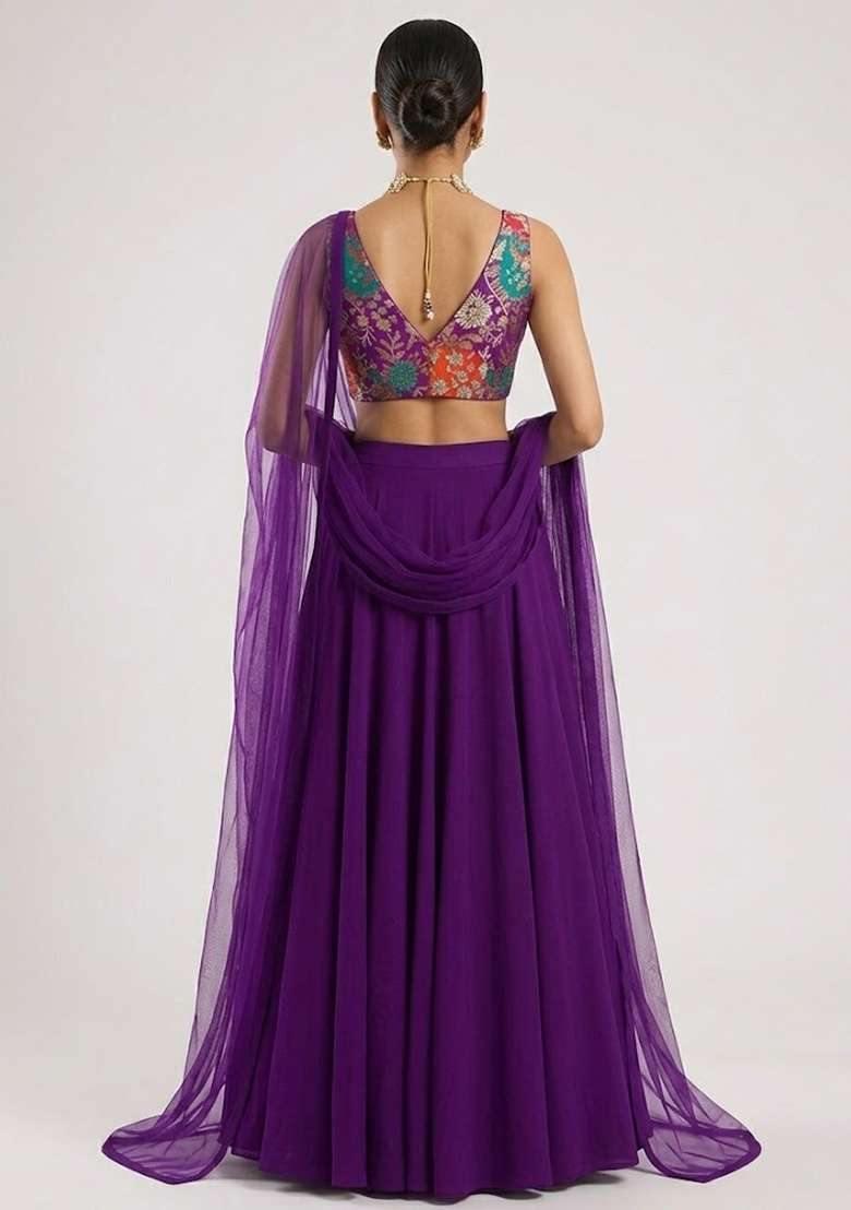 Royal Purple Printed Crepe Lehenga Set - Indya