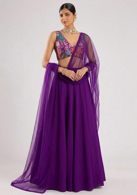 Royal Purple Printed Crepe Lehenga Set