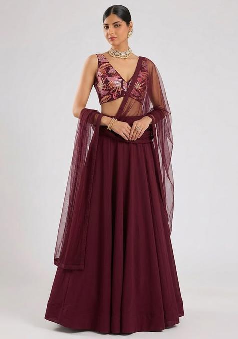 Maroon Printed Crepe Lehenga Set