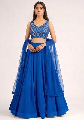 Royal Blue Embroidered Silk Lehenga Set