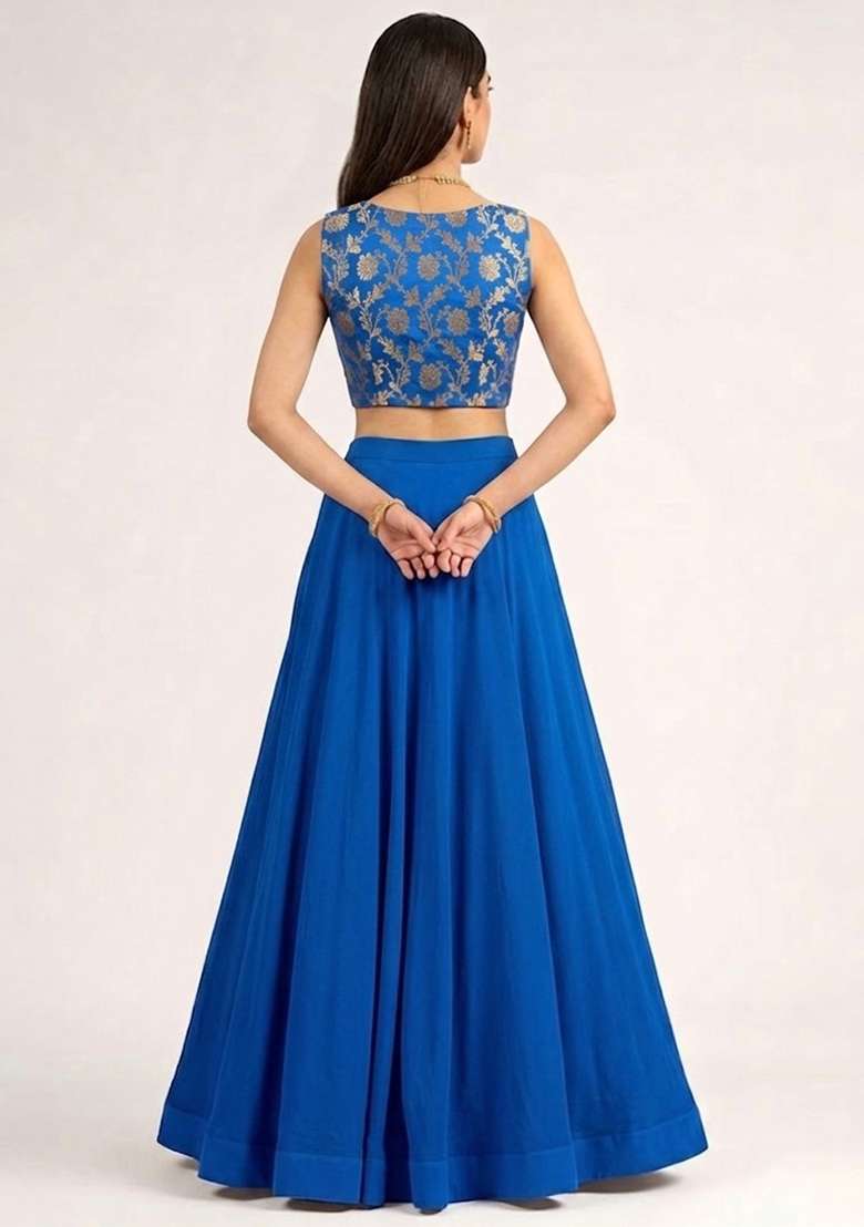 Royal Blue Embroidered Silk Lehenga Set - Indya