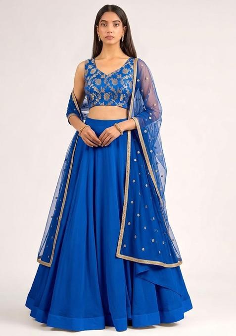 Royal Blue Embroidered Silk Lehenga Set