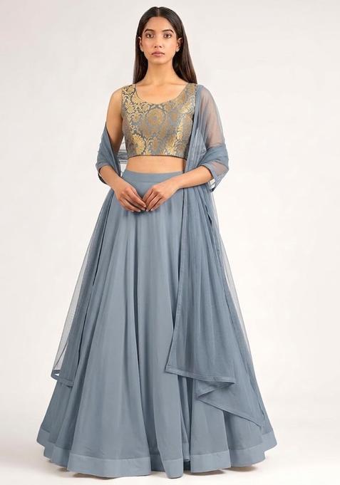 Steel Grey Embroidered Silk Lehenga Set