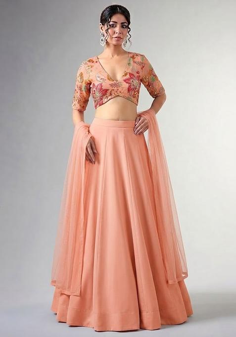 Peach Printed Organza Lehenga Set