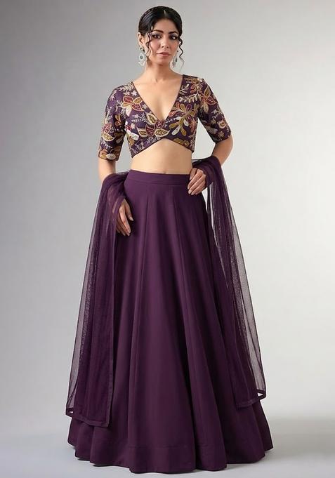 Royal Purple Printed Silk Lehenga Set
