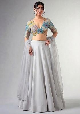 Steel Grey Printed Crepe Lehenga Set