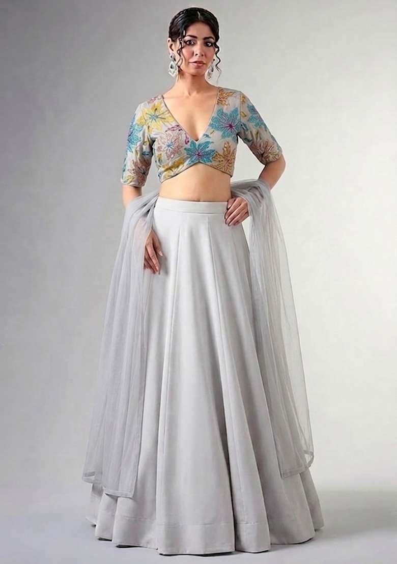 Steel Grey Printed Crepe Lehenga Set - Indya