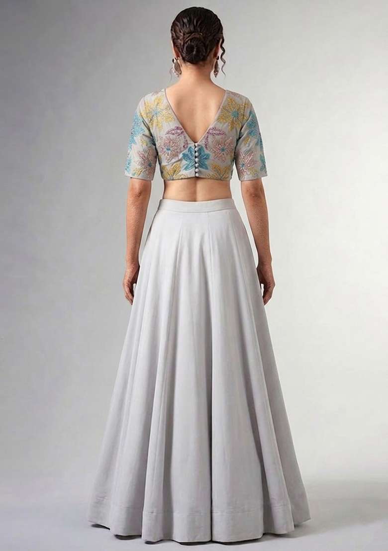 Steel Grey Printed Crepe Lehenga Set - Indya