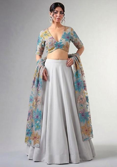 Steel Grey Printed Crepe Lehenga Set