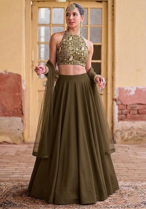 Olive Green Brocade Lehenga Set