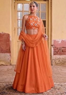 Orange Embroidered Silk Lehenga Set