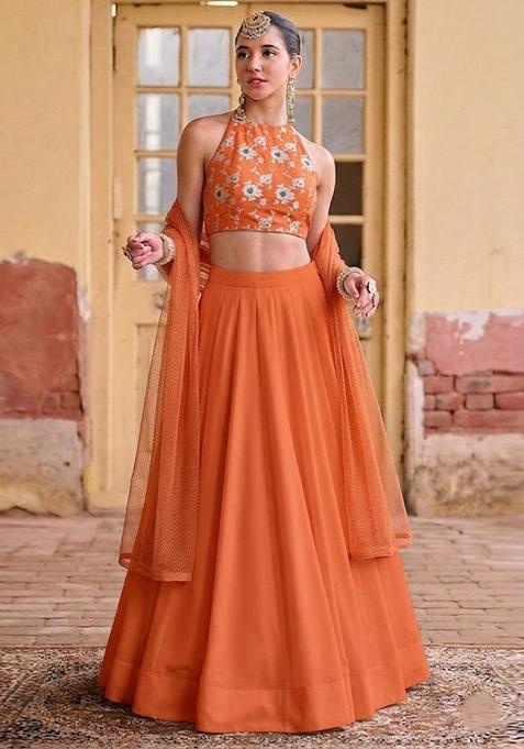 Orange Embroidered Silk Lehenga Set