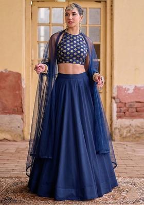 Navy Blue Zari Brocade Lehenga Set