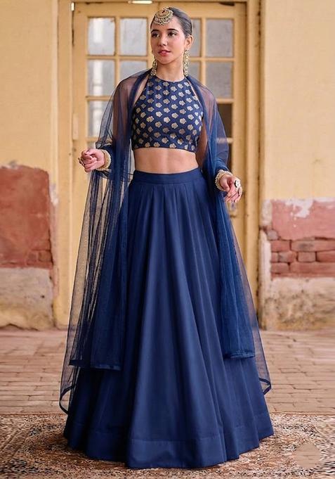 Navy Blue Zari Brocade Lehenga Set