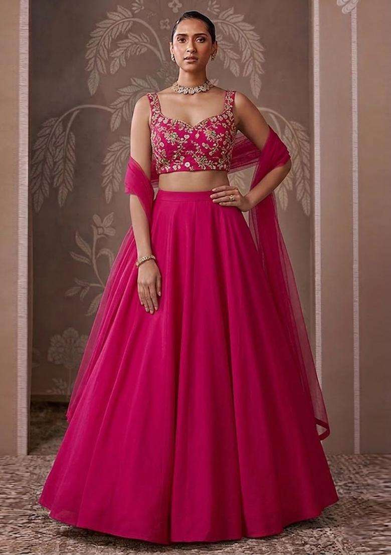 Magenta Pink Embroidered Crepe Lehenga Set - Indya