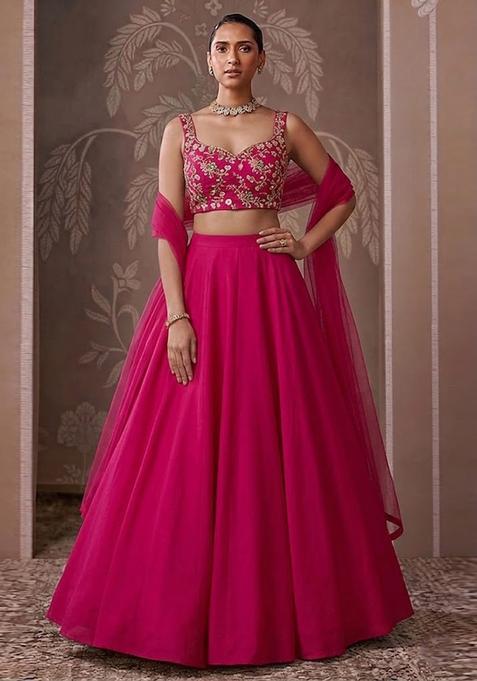 Magenta Pink Embroidered Crepe Lehenga Set